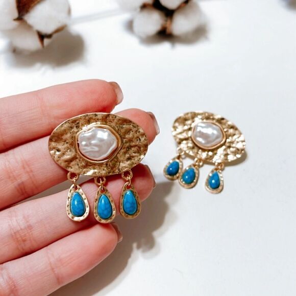 Stone drop pearl dangle earrings N302 - Picture 5 of 5